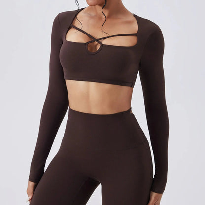 Sexy Square Neck Yoga Top Women Cutout Design Secado Rápido -Transpirable Long Sleeve Fitness Shirt Running Ropa Deportiva Mujer Chic Le'Meek