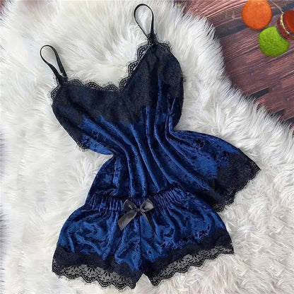 Sexy Lingerie Women Sleep Wear Camisole Bow Shorts V-Neck Tops Velvet Pajamas Sleepwear пижама женская Hot Chic Le'Meek