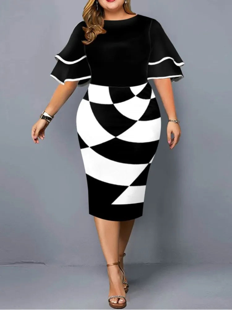 Plus Size Dress Elegant Geometric Party Dress New Women Layered Sleeve Dresses