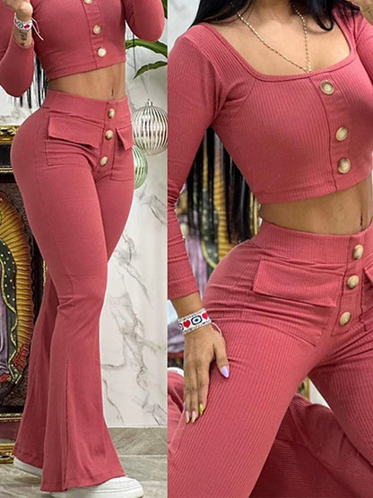 Elegant Suits for Women 2 Pieces Set Spring Autumn Fashion Square Neck Buttoned Top & Pocket Design Flared Pants Set Tracksuits