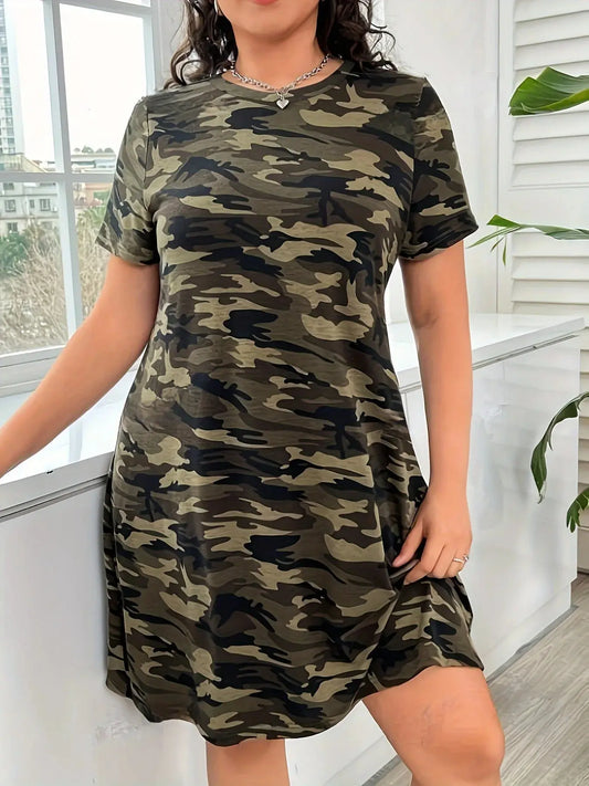 Plus Size Women Casual Dress Summer Comfortable short sleeve simple Female Dress Camouflage Print Holiday Theme Dress Chic Le'Meek