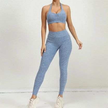 2025 1/2PCS V Back Lycra Pad Pocket Halter Sport Bra Yoga Set Squat Proof Scrunch Legging Workout Pant Gym Fitness Active Suits Chic Le'Meek