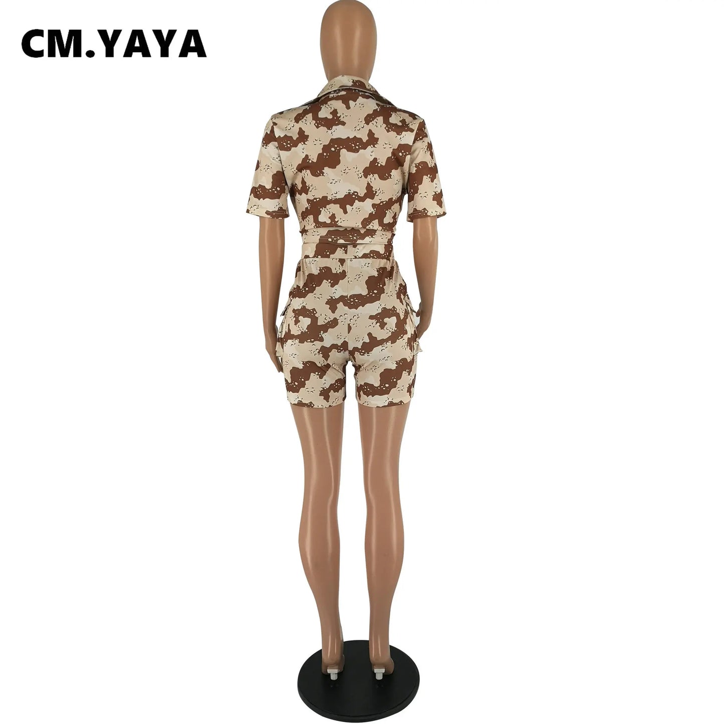 CM.YAYA Street Camouflage Women's Set Short Sleeve Pocket Front Shirt and Cargo Shorts Suit 2023 Two 2Piece Set Outfit Tracksuit