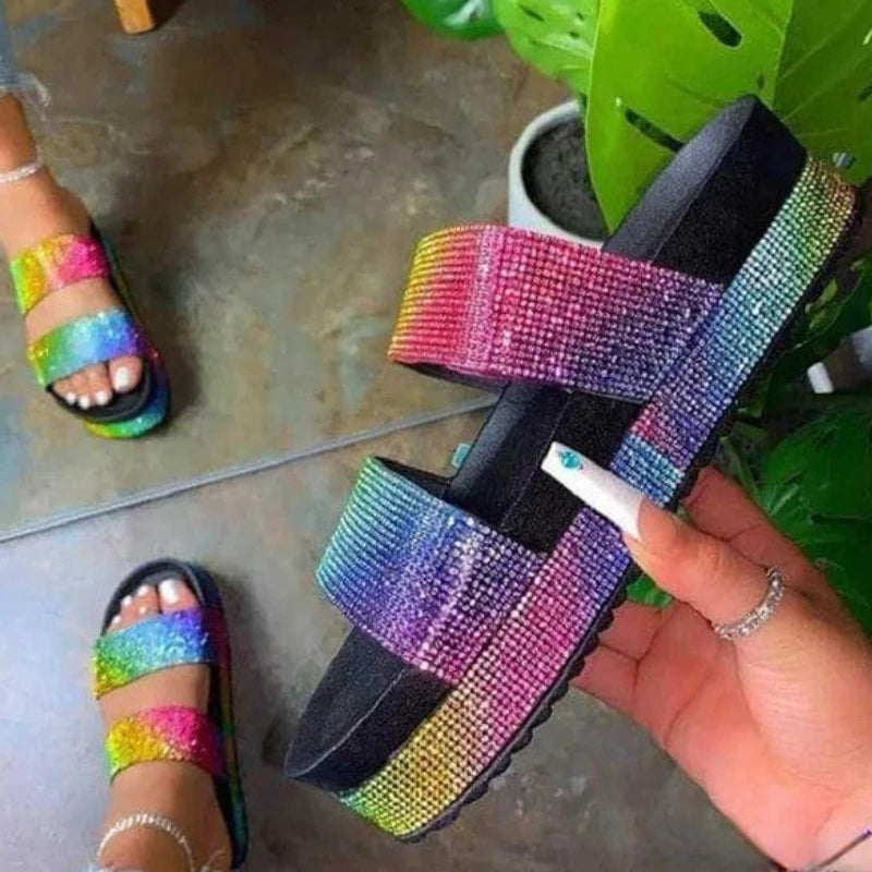 New Rhinestone Slippers Women 2023 Fashion Crystal Slides Platform Flip Flop Lady Sexy Rainbow Shiny Diamond Chunky Shoes 36-43