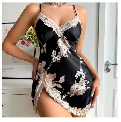 Sexy Backless Mini Female Nightgown Lingerie Summer Chemise Sleepwear Suspender Nightdress White Satin Lace Home Wear Loungewear Chic Le'Meek