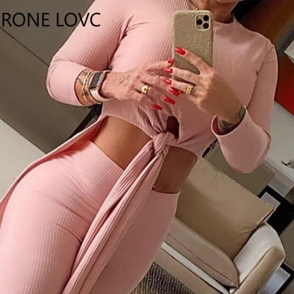 Women Sexy Solid Knotted O-Neck Long Sleeves Top & High Waist Pants Set 2 Piece Set Women