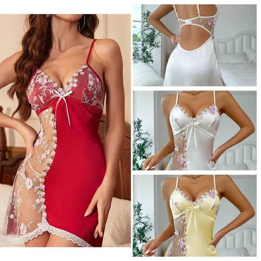 Woman Floral Lace Pajama Side See Through Spliced Flowers Pajama Night Dress Open Back Satin Nightgown Chic Le'Meek
