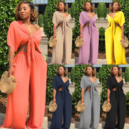 2020 Women Sets Summer Tracksuits Fitness V-Neck Bow Tops+Wide Leg Pants Suit Two Piece Set Night Outfits 2 Pcs Street GL7003