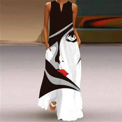 Mask printing Dress Sexy Sleeveless Dress  V-Neck  Casual  Clothing Women Chic Le'Meek