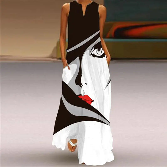 Mask printing Dress Sexy Sleeveless Dress  V-Neck  Casual  Clothing Women Chic Le'Meek
