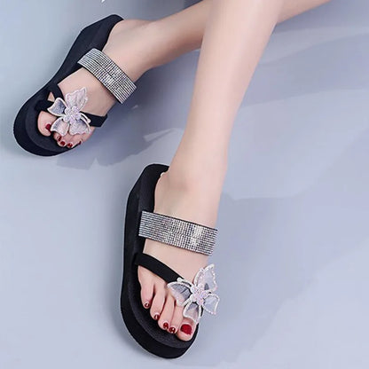 Women's Wedge Sandals 2022 Summer Fashion Slippers Platform Rhinestone Butterfly Slipper Outdoor Open Toe Ladies Shoes Flip-flop