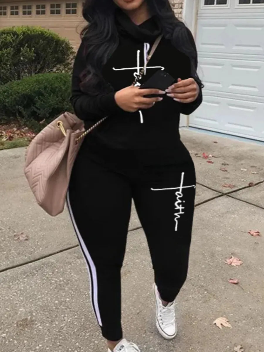 LW Plus Size 2023 Women's Tracksuit Chain Print Drawstring Pants Set Female Autumn Sport Pants for Women Two Piece Pants Sets