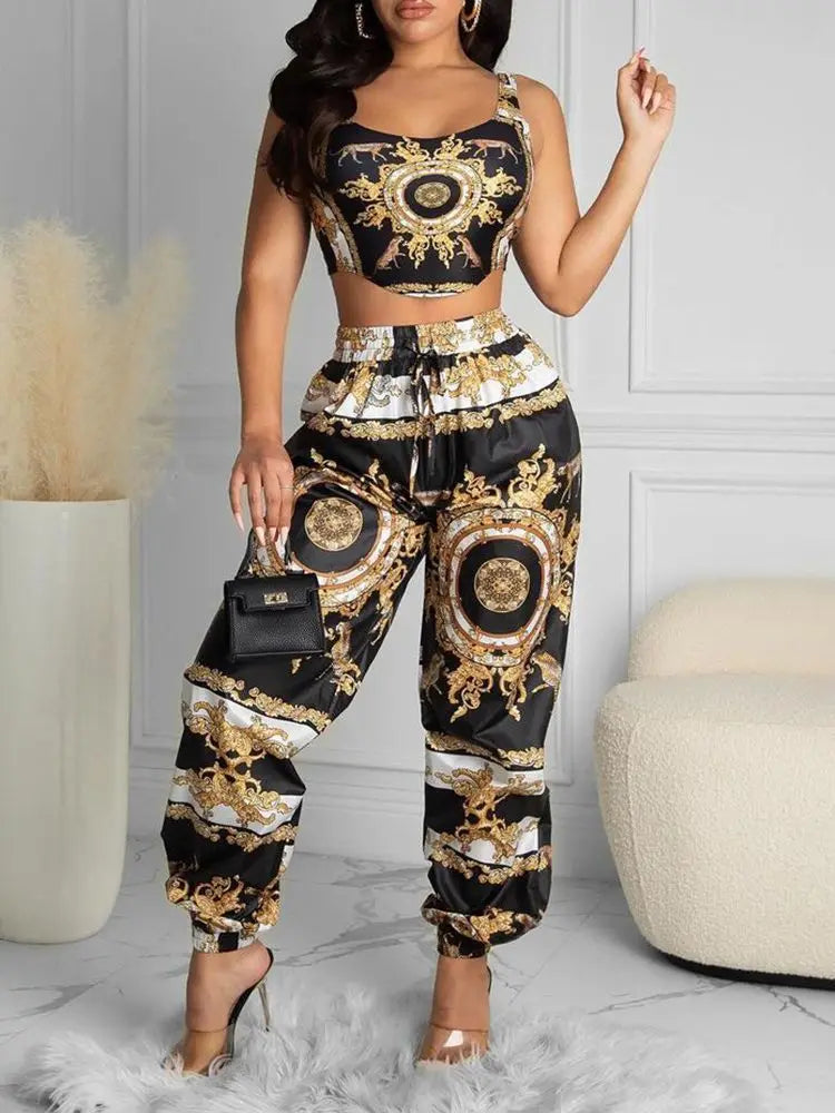 Fashion 2023 Summer Women Black Clubwear Two Piece Suit Sets Sleeveless Scarf Print Crop Top & High Waist Casual Long Pants Set