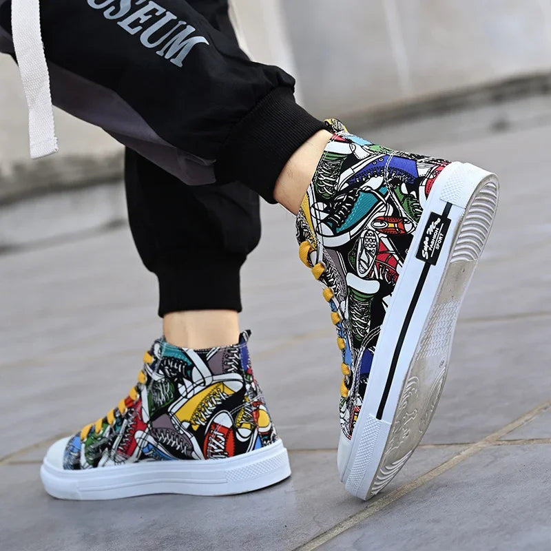 Cool Discount Low Price Shoes Graffiti Canvas Shoes Men's Sneakers High Top Couple Style Board Casual Mens Tennis Men's Shoes