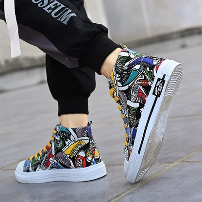 Cool Discount Low Price Shoes Graffiti Canvas Shoes Men's Sneakers High Top Couple Style Board Casual Mens Tennis Men's Shoes