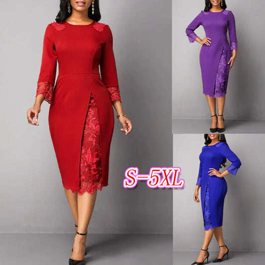 Autumn Women 2021 New Red Solid Color S-5xl Elegant Sexy Lace Stitching Slim Dress Vintage Office Work Dress Vestidos