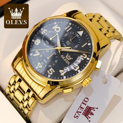 OLEVS Luxury Men's Watches Original Gold Chronograph Wristwatch Waterproof Stainless Steel Luminous Quartz Watch for Man Social