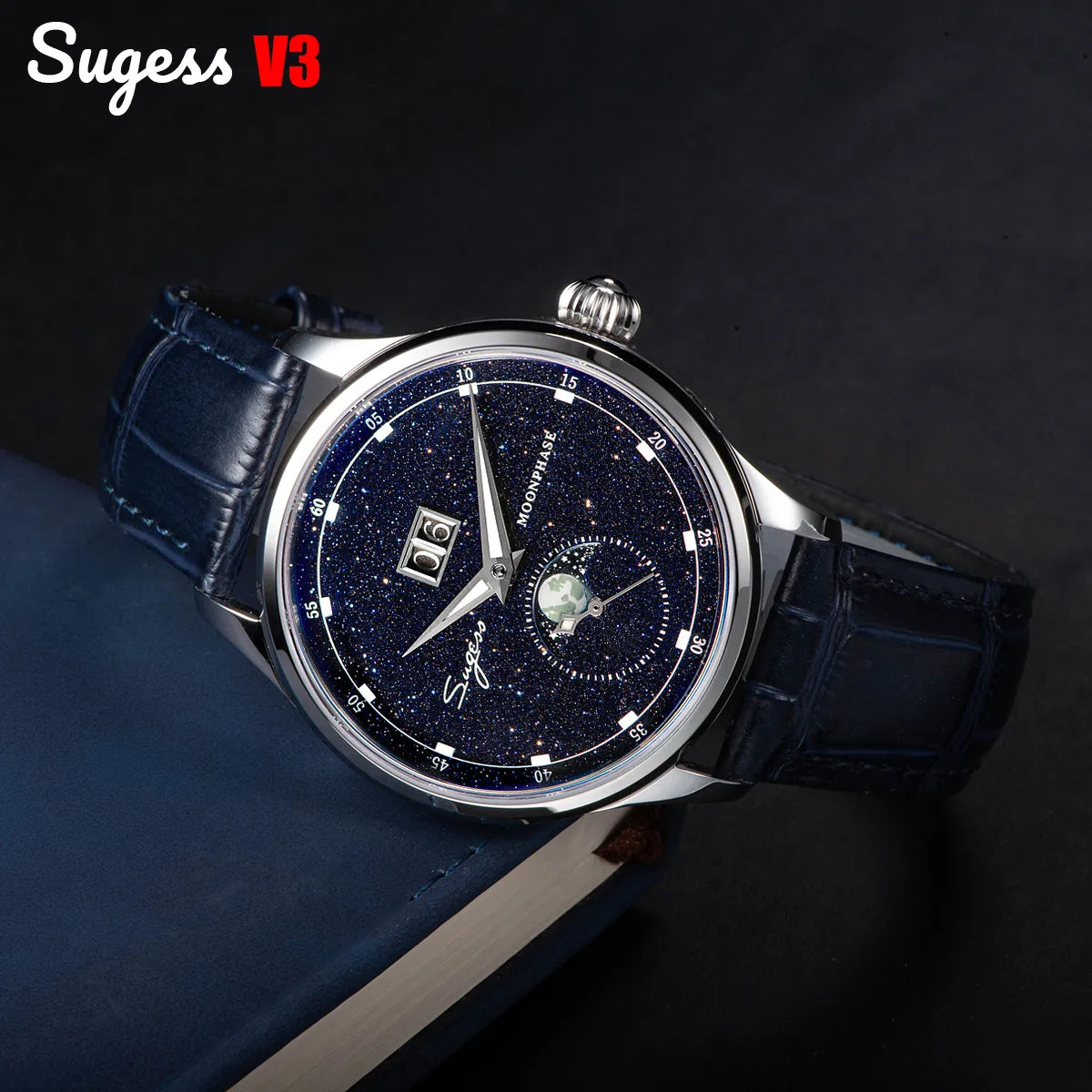 Sugess Moonphase Watch of Men 40mm Automatic Mechanical Wristwatches Seagul ST2528 Movement Stainless Steel Blue Sandstone Dial