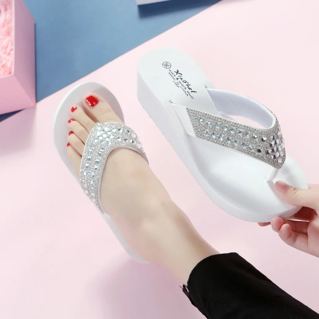 Fashion Rhinestones Slippers Women Wedges Platform High Heels Sandals Summer Women Beach Flip Flops Slides 2023 Slippers Women