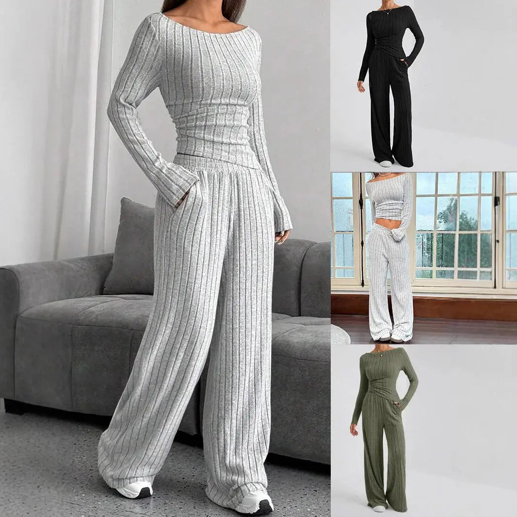 2024 Spring Knitted 2 Piece Sets Women Tracksuit Long Sleeve Vintage Sweater Crop Top Flare Pants Stretch Matching Suit Outfit Chic Le'Meek
