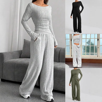 2024 Spring Knitted 2 Piece Sets Women Tracksuit Long Sleeve Vintage Sweater Crop Top Flare Pants Stretch Matching Suit Outfit Chic Le'Meek