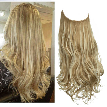 Synthetic No Clips In Natural Hair Extension Ombre Black Blonde Pink One Piece Long Wave Invisible Wire False Fake Hair Piece