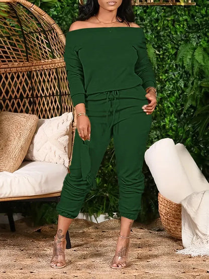 Plus Size 2025 Spring Summer New Women's Slant Shoulder Top and Skinny Pants Set Home Office Comfortable Versatile Chic Le'Meek