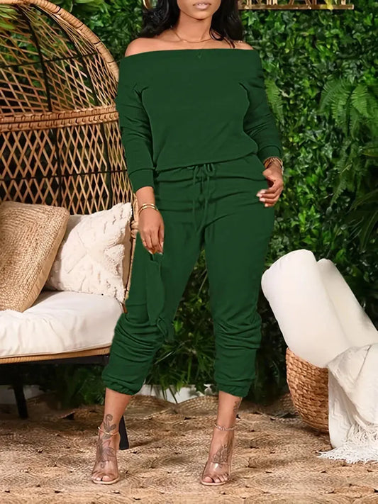 Plus Size 2025 Spring Summer New Women's Slant Shoulder Top and Skinny Pants Set Home Office Comfortable Versatile Chic Le'Meek