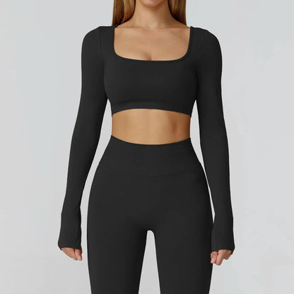 Seamless Casual Quick Dry Sportswear Women Square Neck Gym Top Women Fitness Sports Crop Top Female Long Sleeve Yoga Clothing Chic Le'Meek