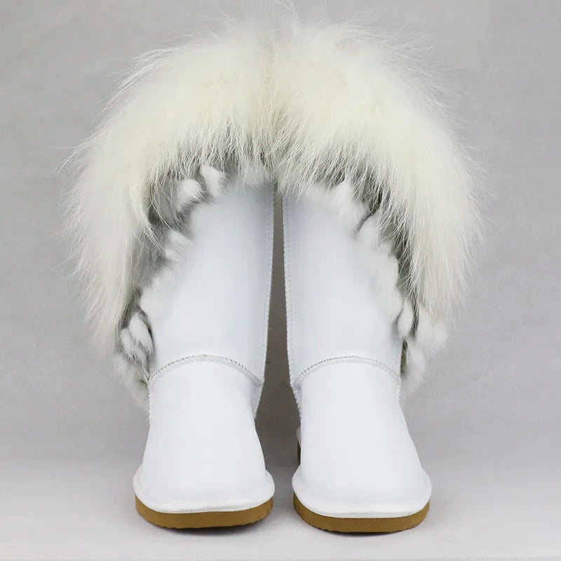 New Fashion Big Natural Fox Fur Snow Boots  High Boots Winter Long Boots