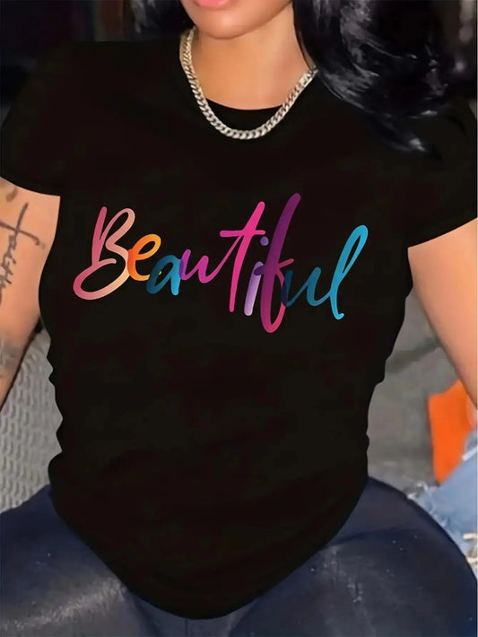 Women's Vibrant Letter Print Loose Fit T-Shirt Casual Summer Fashion Crew Neck Short Sleeve Top Chic Le'Meek