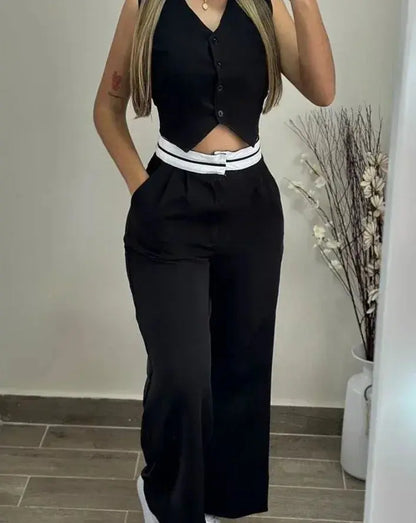 New Fashion 2024 Summer Casual Sexy Elegant V-Neck Buttoned Vest Top & Pocket Design Pants Set Womens Two Piece Sets Outfit Chic Le'Meek