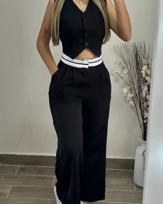 New Fashion 2024 Summer Casual Sexy Elegant V-Neck Buttoned Vest Top & Pocket Design Pants Set Womens Two Piece Sets Outfit Chic Le'Meek