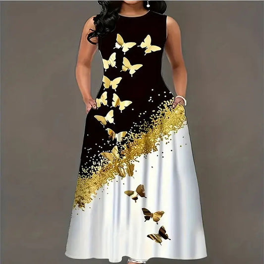Plus size dress spring and summer new style dress European and American butterfly print pocket round neck vest  A-line dress Chic Le'Meek