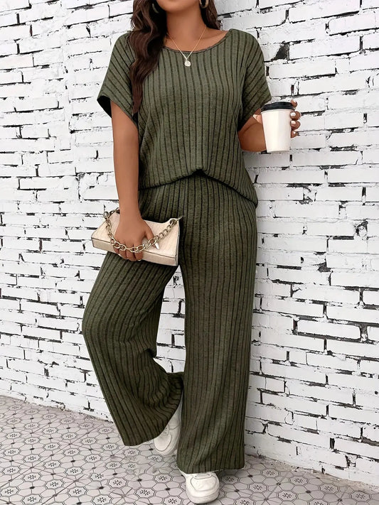 Plus Size Women’s Casual Two-Piece Outfit Striped Top and Wide-Leg Pants Set Comfortable Lounge Wear Chic Le'Meek