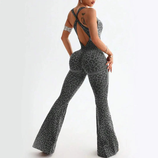Women Jumpsuit Yoga Leopard Hollow Out Bodysuit Flared Backless Cross Lady Sports Gym Jumpsuit High Waist for Woman Fitness Chic Le'Meek