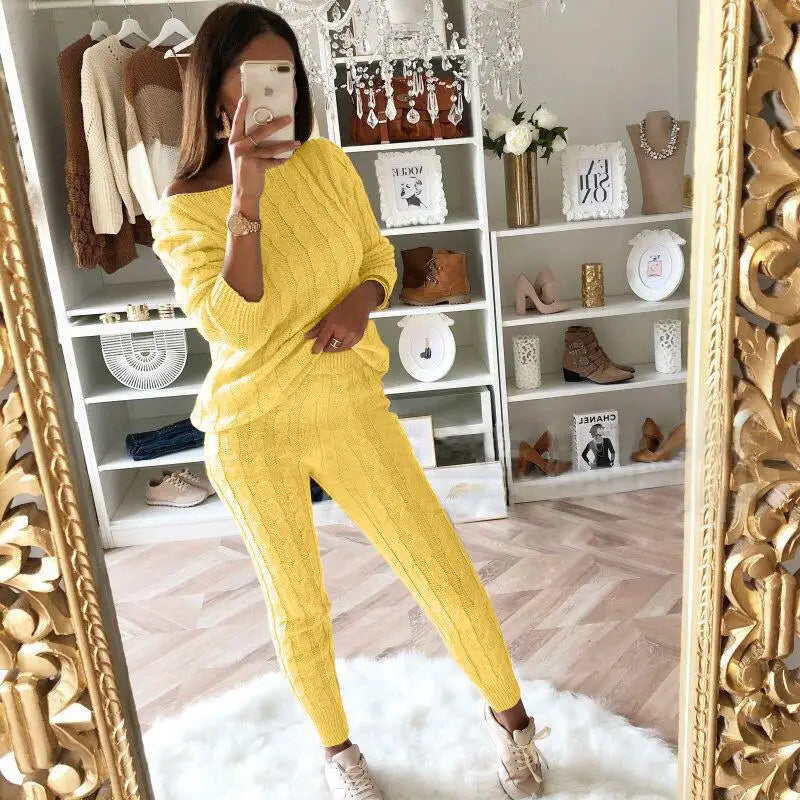 Autumn Winter Oversized O Neck Solid Color Casual Sweater Set Ladies Loose Fashion Elastic Jumpers Pants Suit Women's Clothing