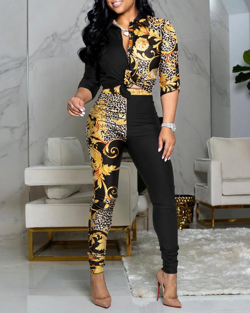 Noworry Fashion 2 Piece Set Women Shirts and Wide Leg Pants Women Casual Print Half Sleeves Top & Design Trouser Two Pieces Set