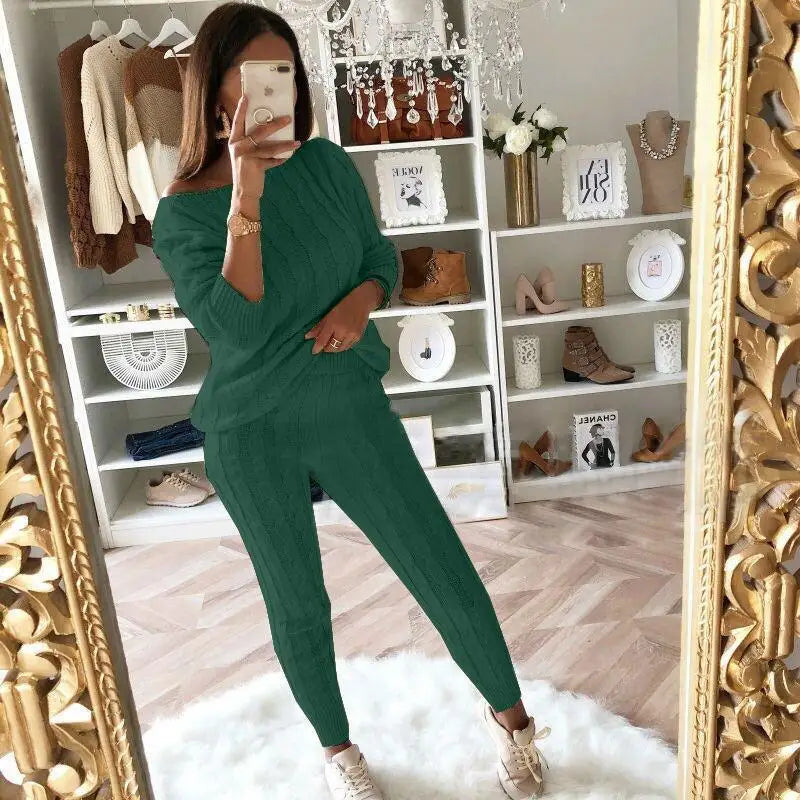 Autumn Winter Oversized O Neck Solid Color Casual Sweater Set Ladies Loose Fashion Elastic Jumpers Pants Suit Women's Clothing