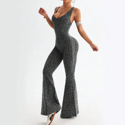 Women Jumpsuit Yoga Leopard Hollow Out Bodysuit Flared Backless Cross Lady Sports Gym Jumpsuit High Waist for Woman Fitness Chic Le'Meek