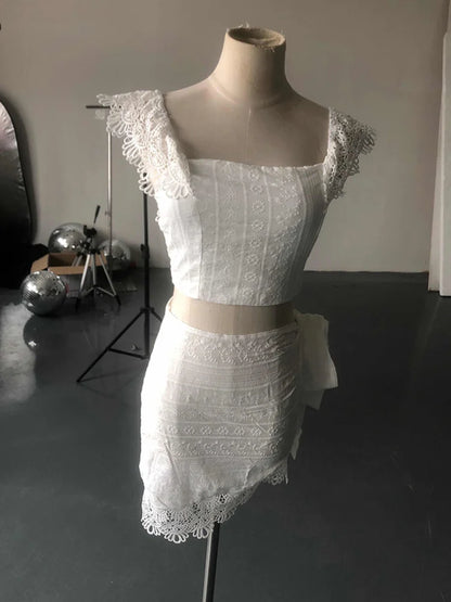 DEAT 2023 Fashion Summer White Lace Hollow Out Bandage Bodycon Slash Neck Short Top Mini Skirt Two Piece Set Women Outfits MI629