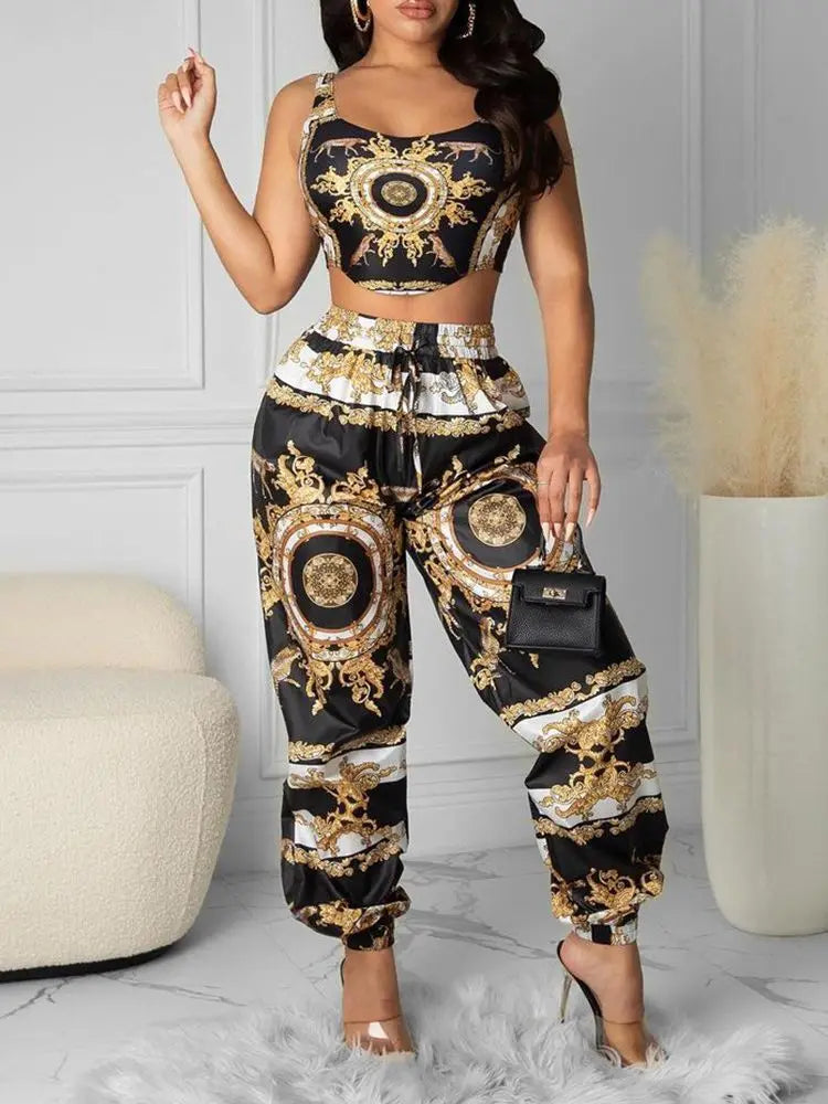 Fashion 2023 Summer Women Black Clubwear Two Piece Suit Sets Sleeveless Scarf Print Crop Top & High Waist Casual Long Pants Set