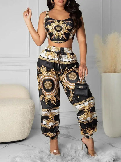 Fashion 2023 Summer Women Black Clubwear Two Piece Suit Sets Sleeveless Scarf Print Crop Top & High Waist Casual Long Pants Set