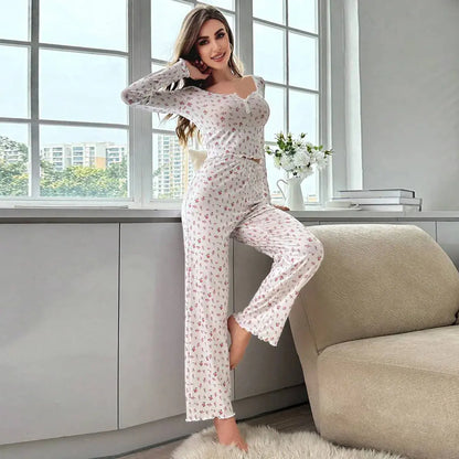 Sleepwear Women Floral Print Lettuce Trim Top with Long Pant Lovely Loungewear Chic Le'Meek