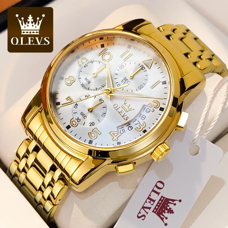 OLEVS Luxury Men's Watches Original Gold Chronograph Wristwatch Waterproof Stainless Steel Luminous Quartz Watch for Man Social