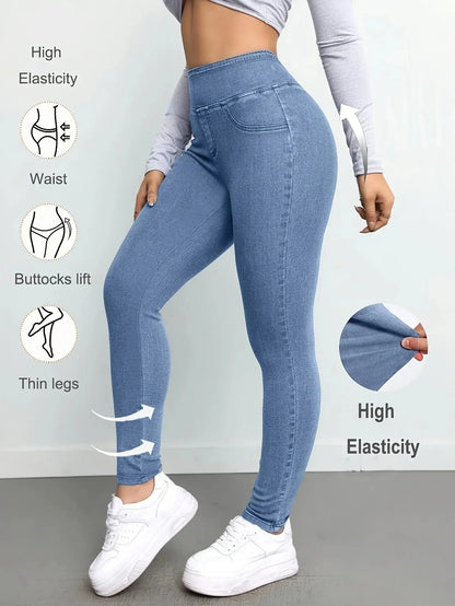 Women's Slim Fit Autumn Leggings with Full Length Denim-Look Floral Print Casual and Comfortable Workout Pants Chic Le'Meek