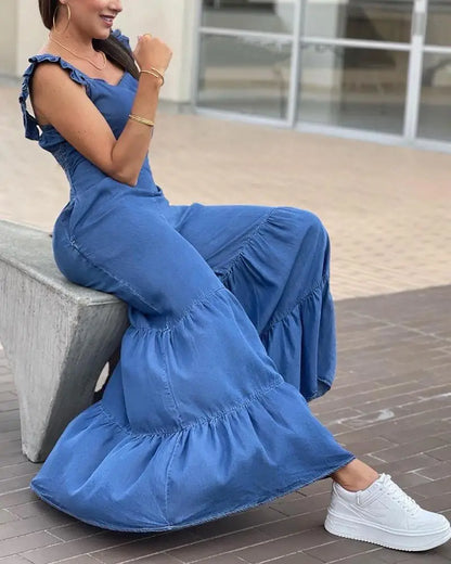 Women Solid Elegant Flying Sleeves Flare Pants Sexy Denim Pants Jumpsuit 2023