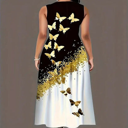Plus size dress spring and summer new style dress European and American butterfly print pocket round neck vest  A-line dress Chic Le'Meek