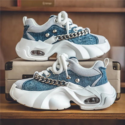 Fashion Blue Denim Casual Sneakers Men Original Designer Platform Shoes Men Increase Heel Hip Hop Chunky Sneakers Mens Trainers