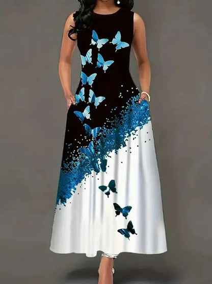 Plus size dress spring and summer new style dress European and American butterfly print pocket round neck vest  A-line dress Chic Le'Meek
